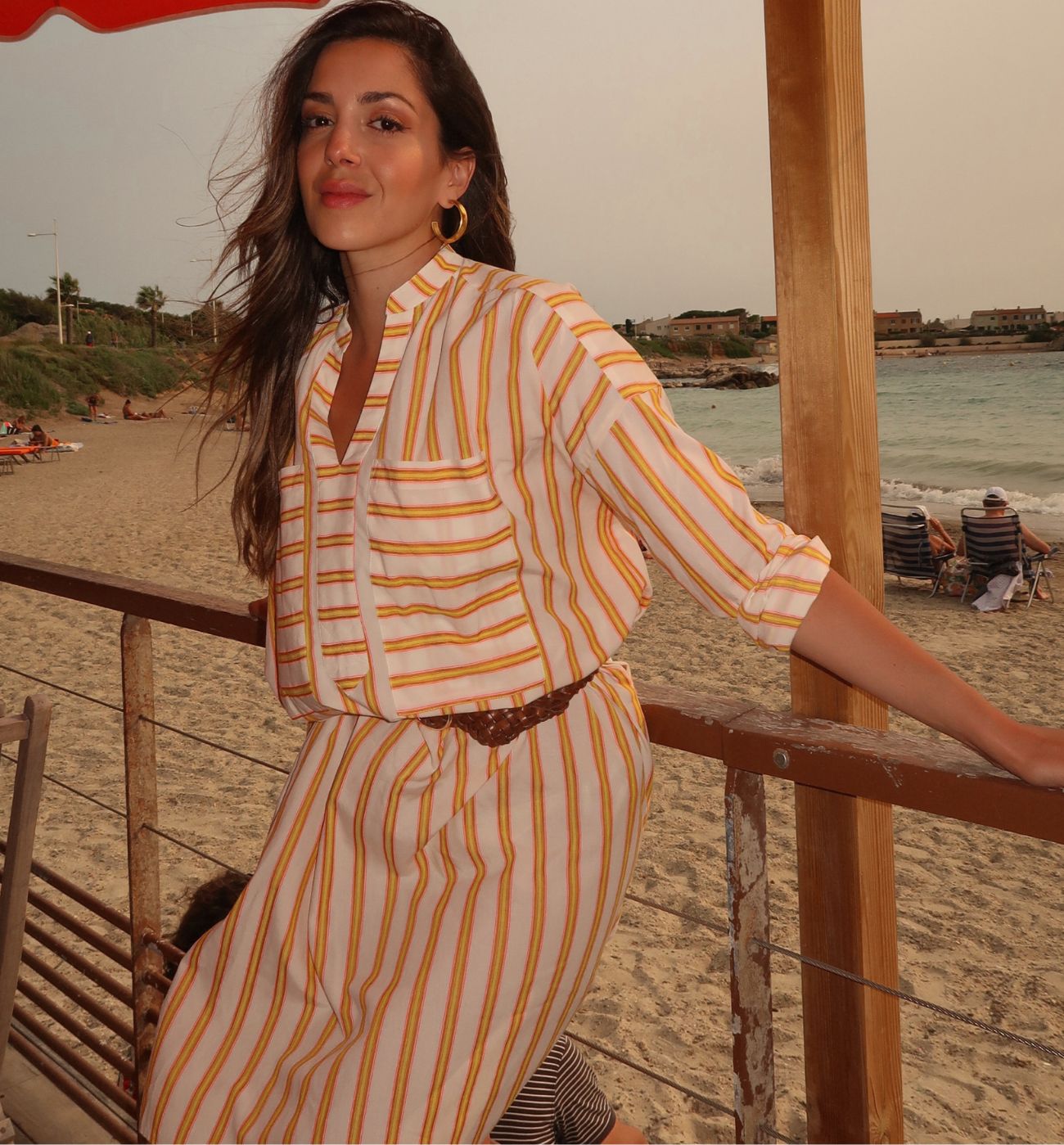 Robe caftan rayée Femme - Jaune moutarde