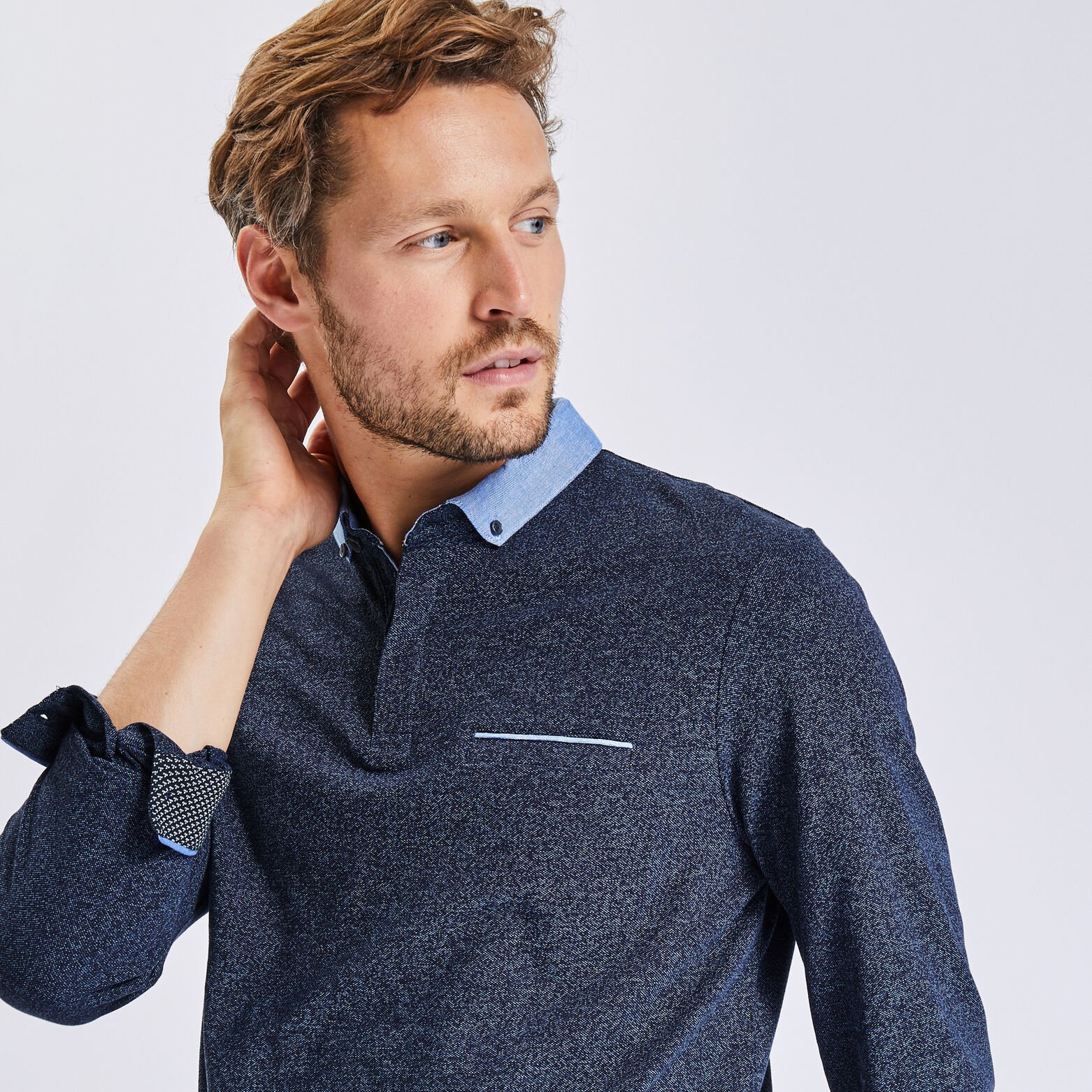 Polo manches longues maille piquée moulinée col ox Bleu foncé