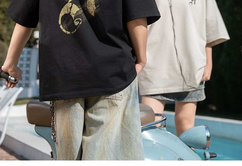 Really Point - Koppel bijpassende korte mouwen ronde hals drop schouder letters print oversized T-shirt