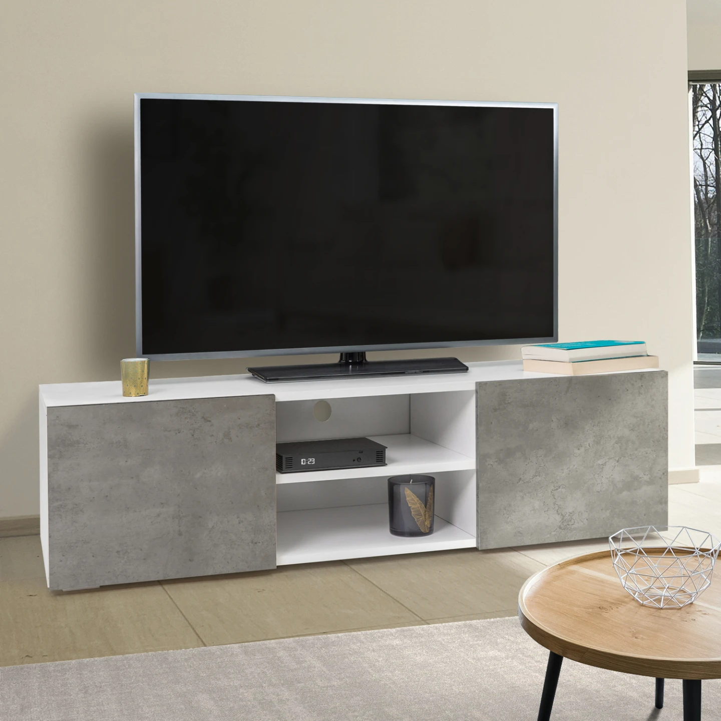 Meuble TV 113 cm ELI blanc portes effet béton