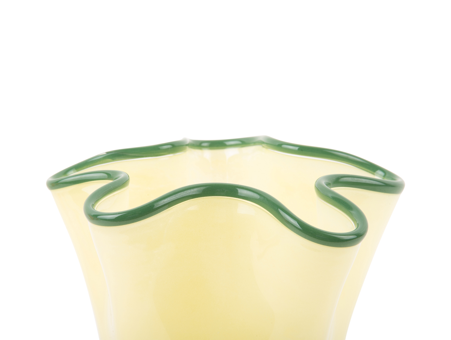Vase Ruffles glass medium soft yellow w. jungle green rim