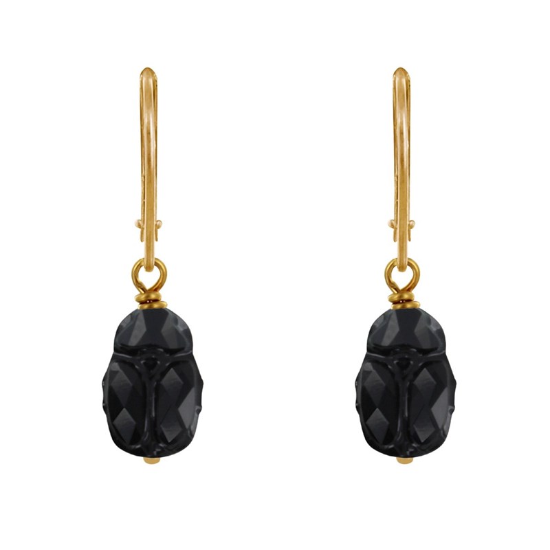 Boucles d'Oreilles Dormeuse Plaqué Or Scarabée en Cristal Noir