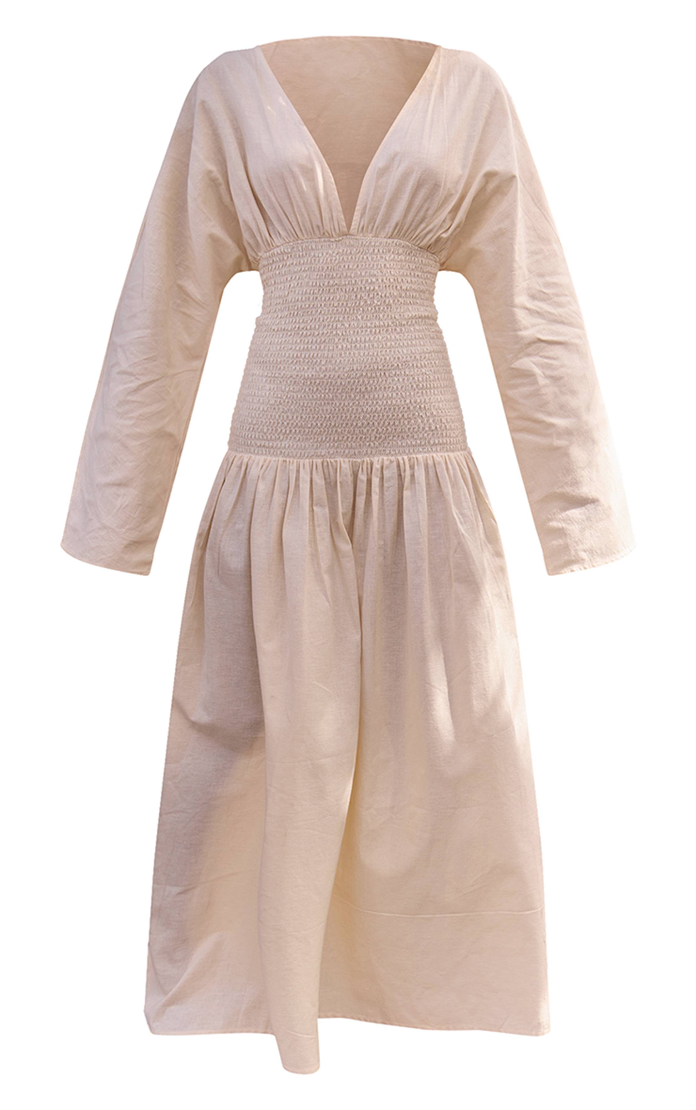 Crème Robe Longue À Taille Froncée Effet Lin