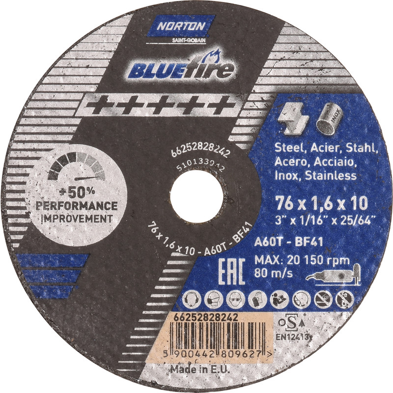 Norton Blue Fire doorslijpschijf staal/inox 76x1,6x10mm