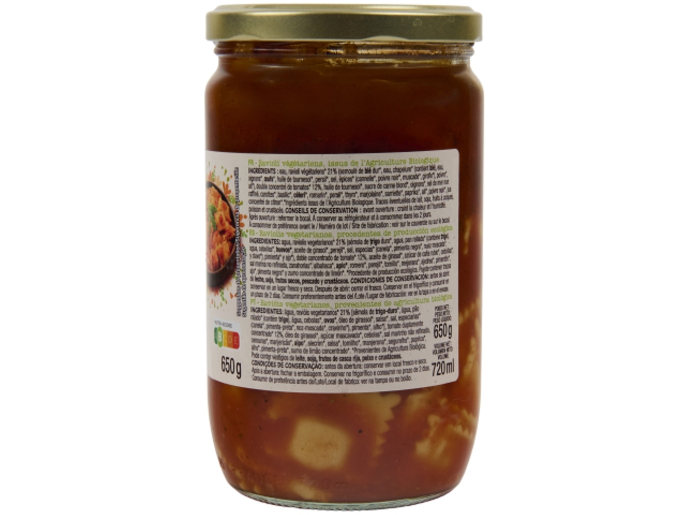 RAVIOLI AUCHAN BIO VEGETARIANO EM FRASCO 650G
