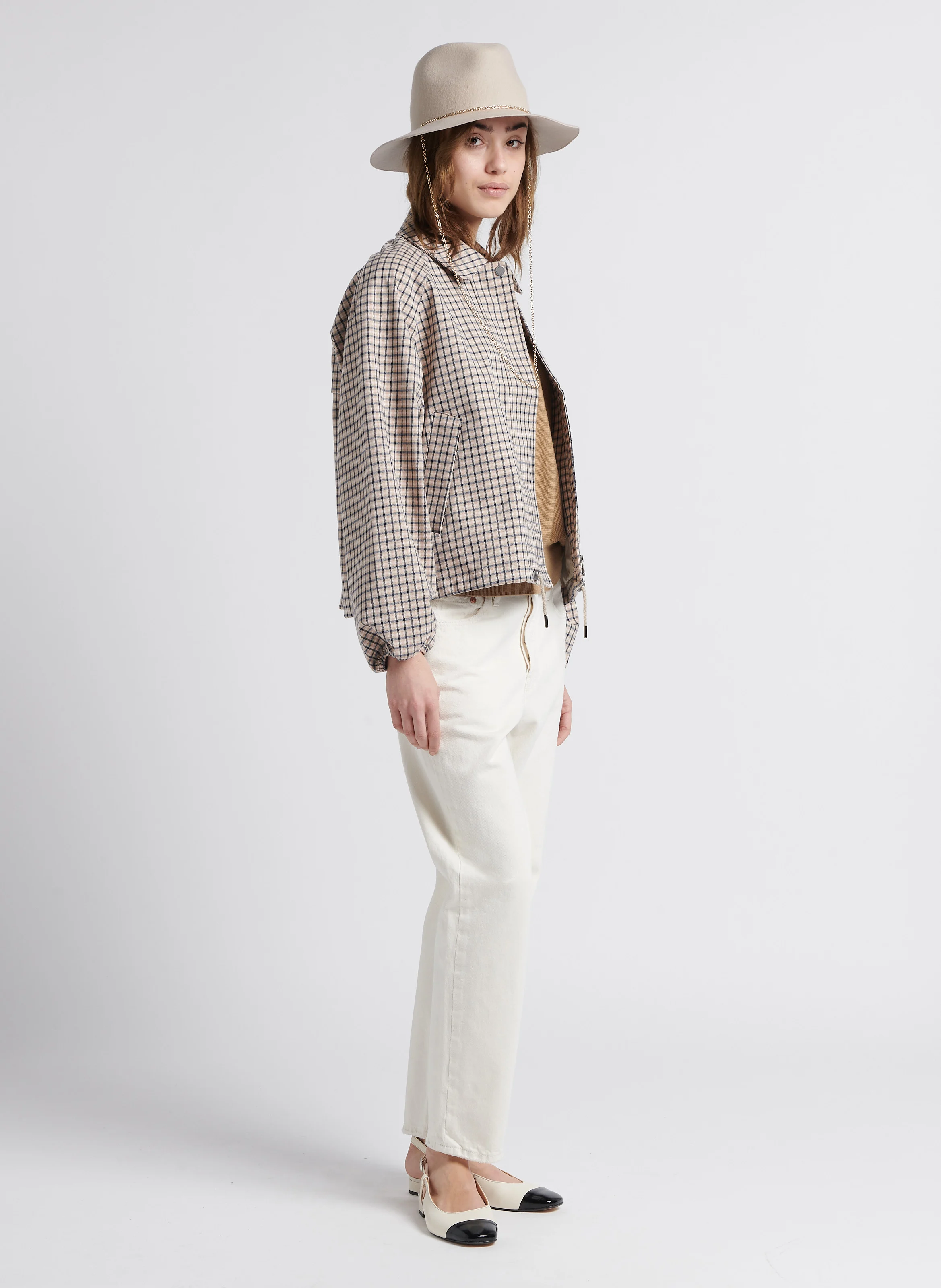 ELSY - Gilet ample col V en coton mélangé | Marron