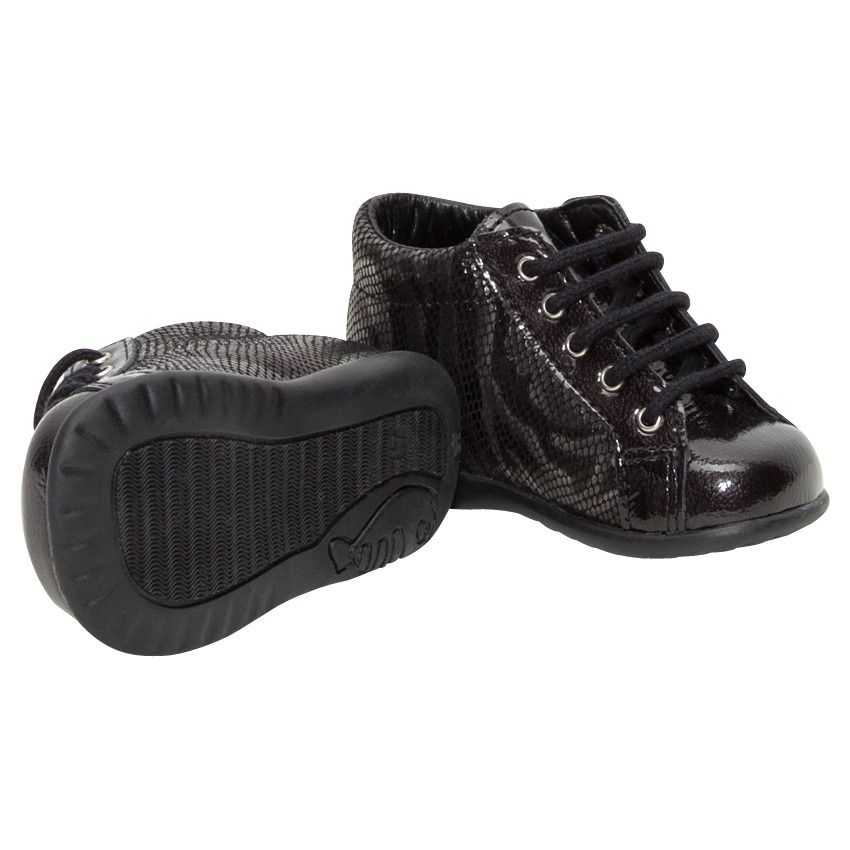 Bottillons en cuir effet serpent à lacets et noeud fantaisie - Noir