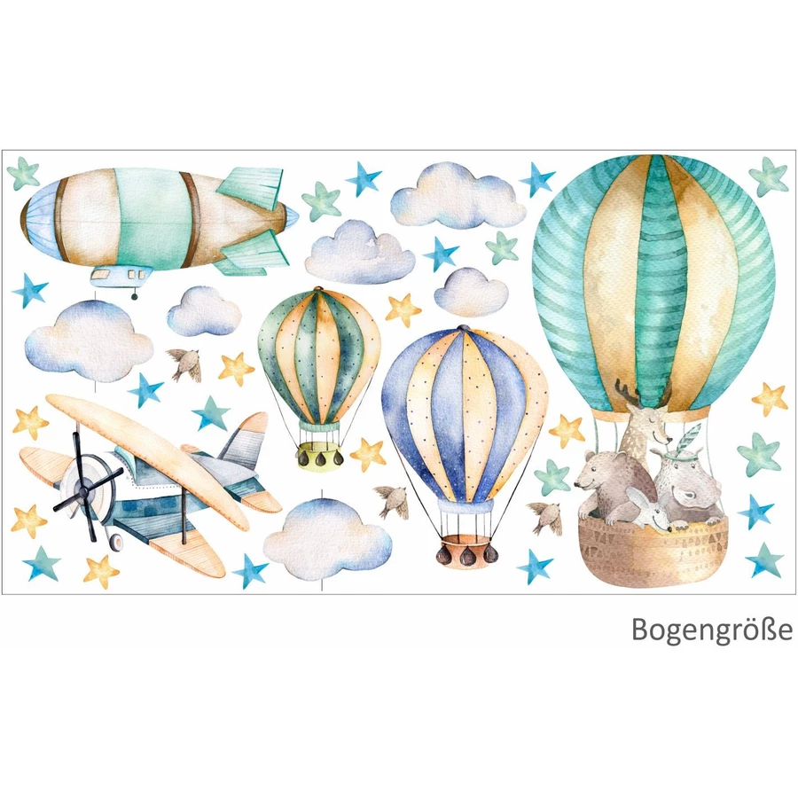 Nikima Wandtattoo 114 Wandtattoo Ballon mit Freunden Flugzeug Wolken Zeppelin blau