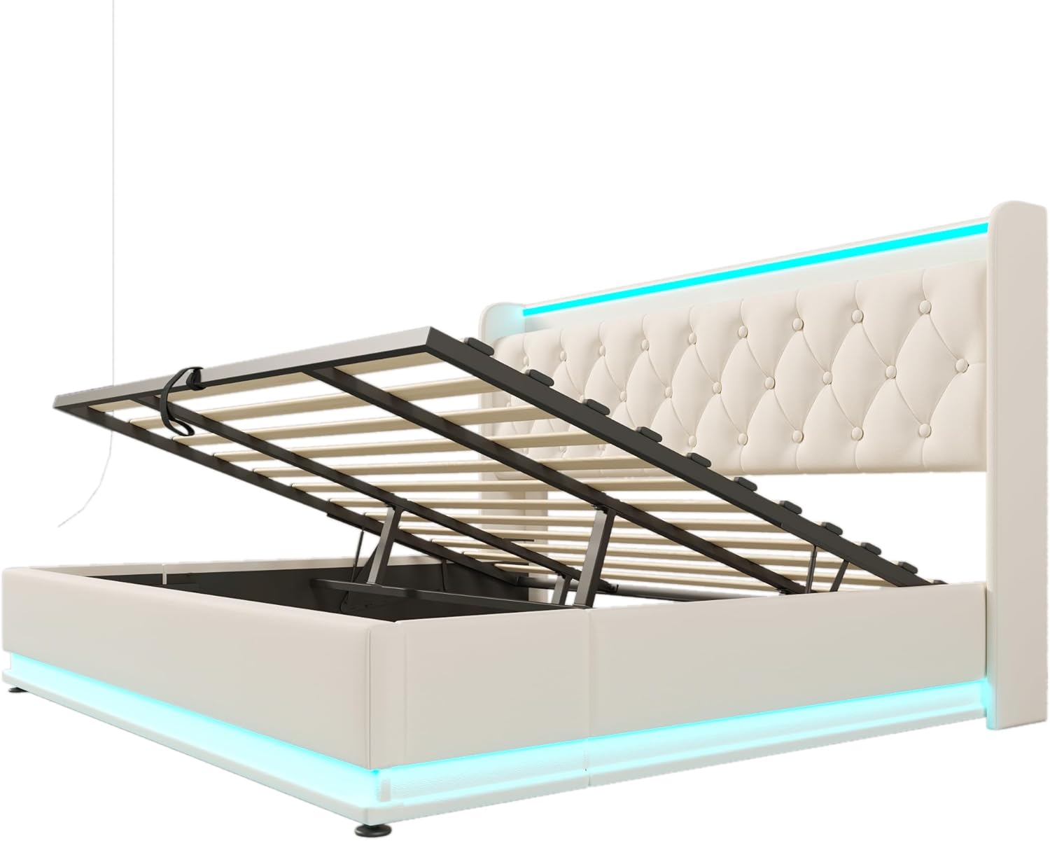 Polsterbett Doppelbett 180x200, LED Jugendbett Hydraulisch Stauraumbett Funktionsbett Bettgestell mit Stauraum & Lattenrost, Kopfteil mit USB Typ-C Ladefunktion & Staufach, PU, Ohne Matratze, Weiß