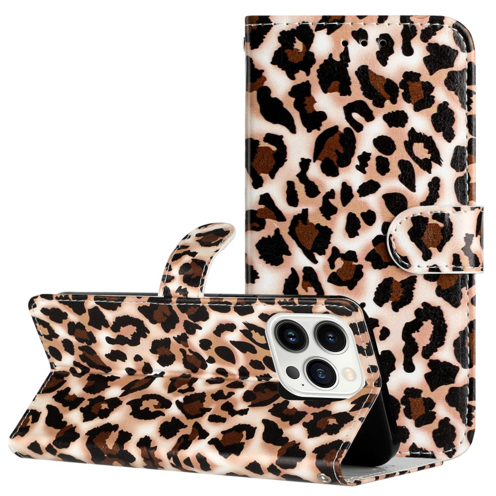 iPhone 16 Pro Leder Tasche Hülle mit Kartenfach Leo Print