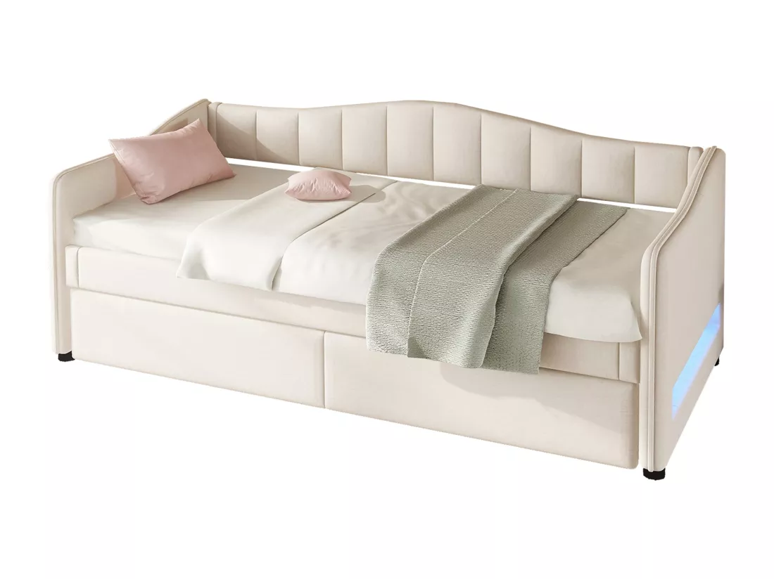 Lit gigogne 90/180 x 200 cm avec 2 tiroirs - tissu en lin - LEDs - beige (sans matelas)
