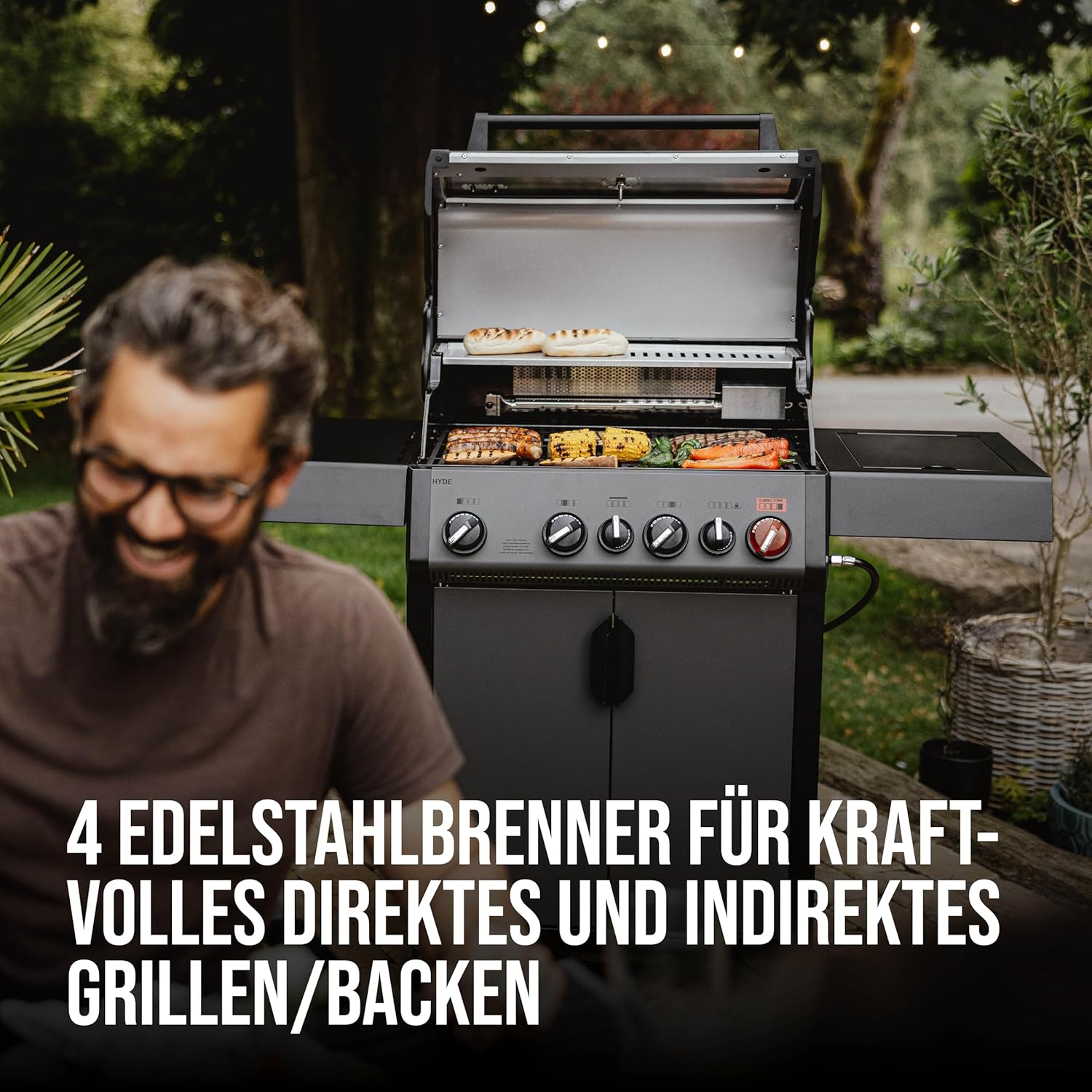 Enders Gasgrill Hyde 4 SIKR Turbo, 4-Brenner aus Edelstahl für kraftvolles direktes und indirektes Grillen, 800 °C TURBO ZONE, SWITCH GRID, Infarot-Backburner und Seitenkocher #8041