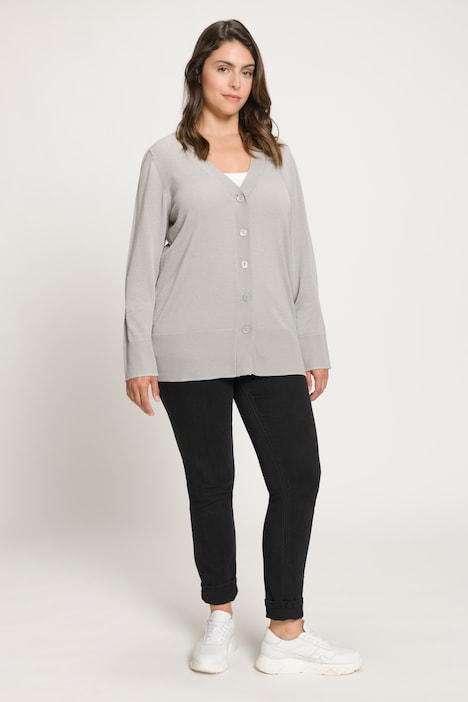 Strickjacke, V-Ausschnitt, Knopfleiste, Feinstrick