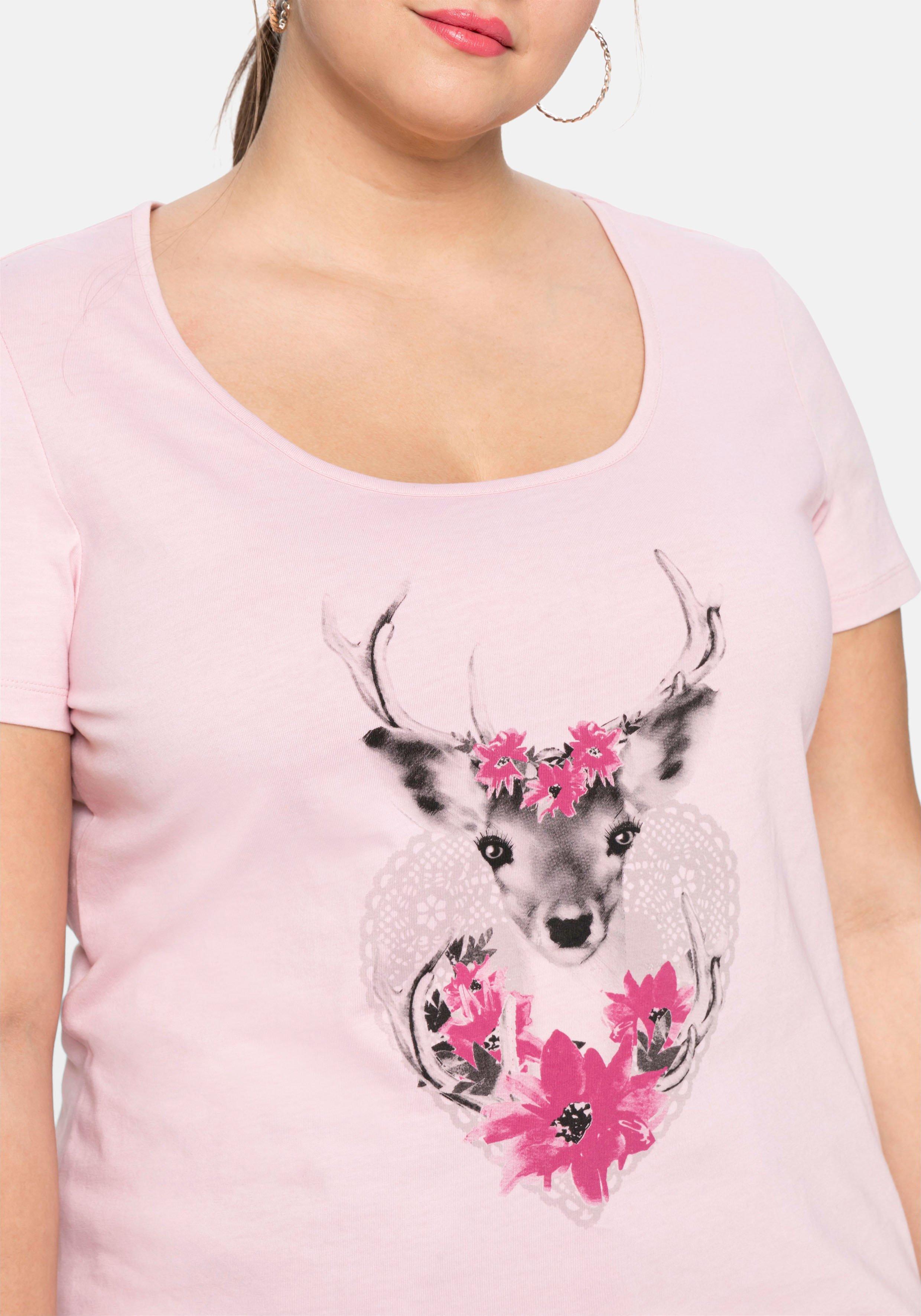 Trachtenshirt mit Hirsch-Druck und Kurzarm