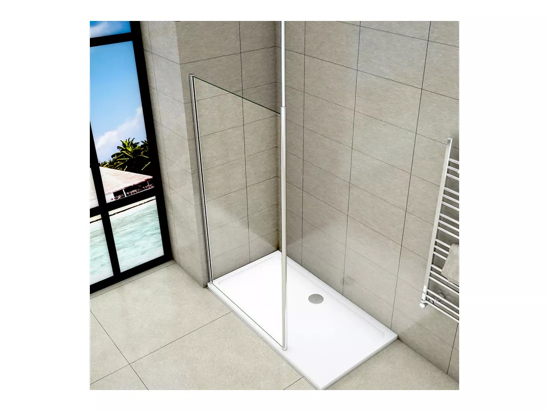 Paroi de douche à l'italienne 100x200cm avec barre de fixation au plafond 203-320cm - Chromé - Verre 8mm trempé transparent