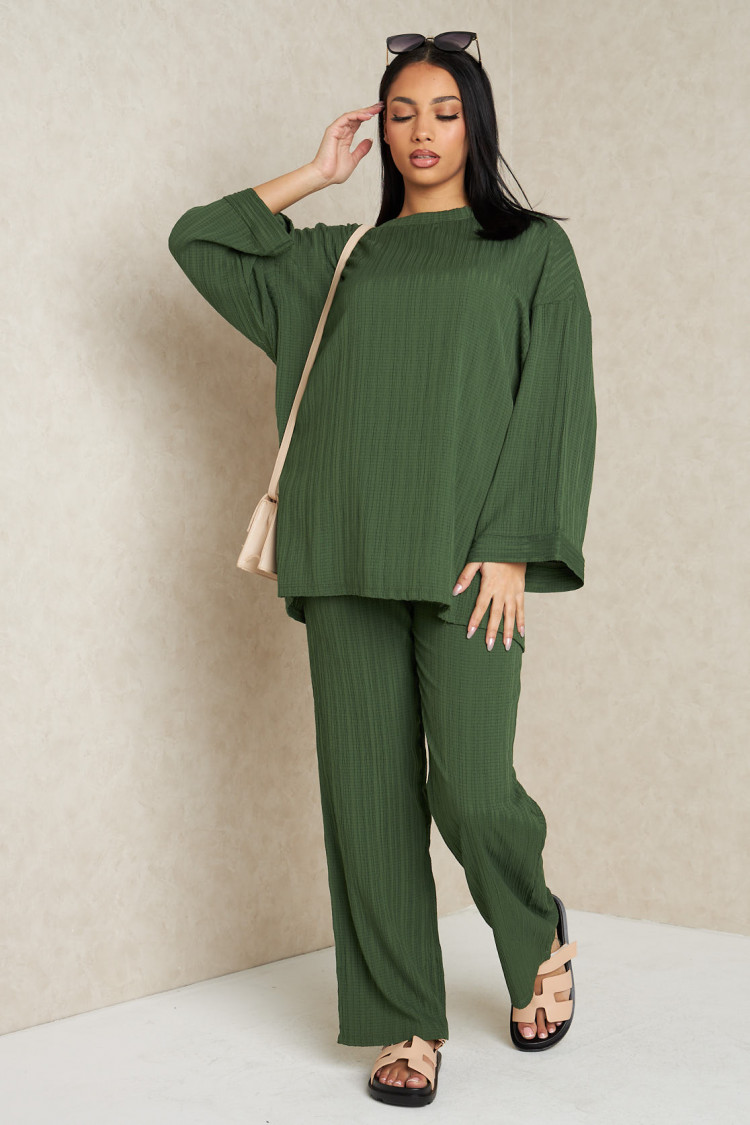 Ensemble 2 pièces pull fin + pantalon à rayures kaki