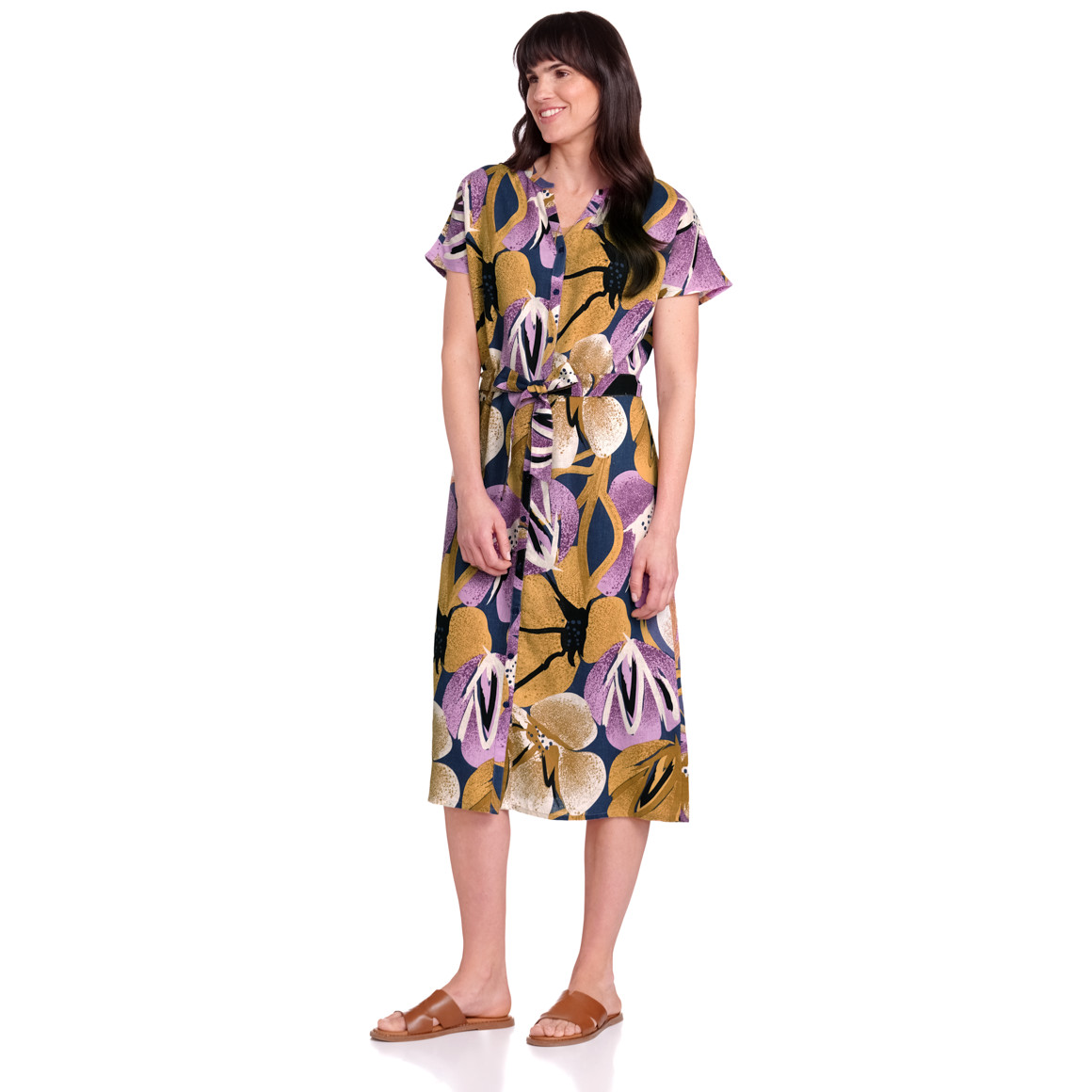 Gina Benotti Damen Leinen-Midi-Kleid mit Allover-Print dunkelblau / helllila / beige