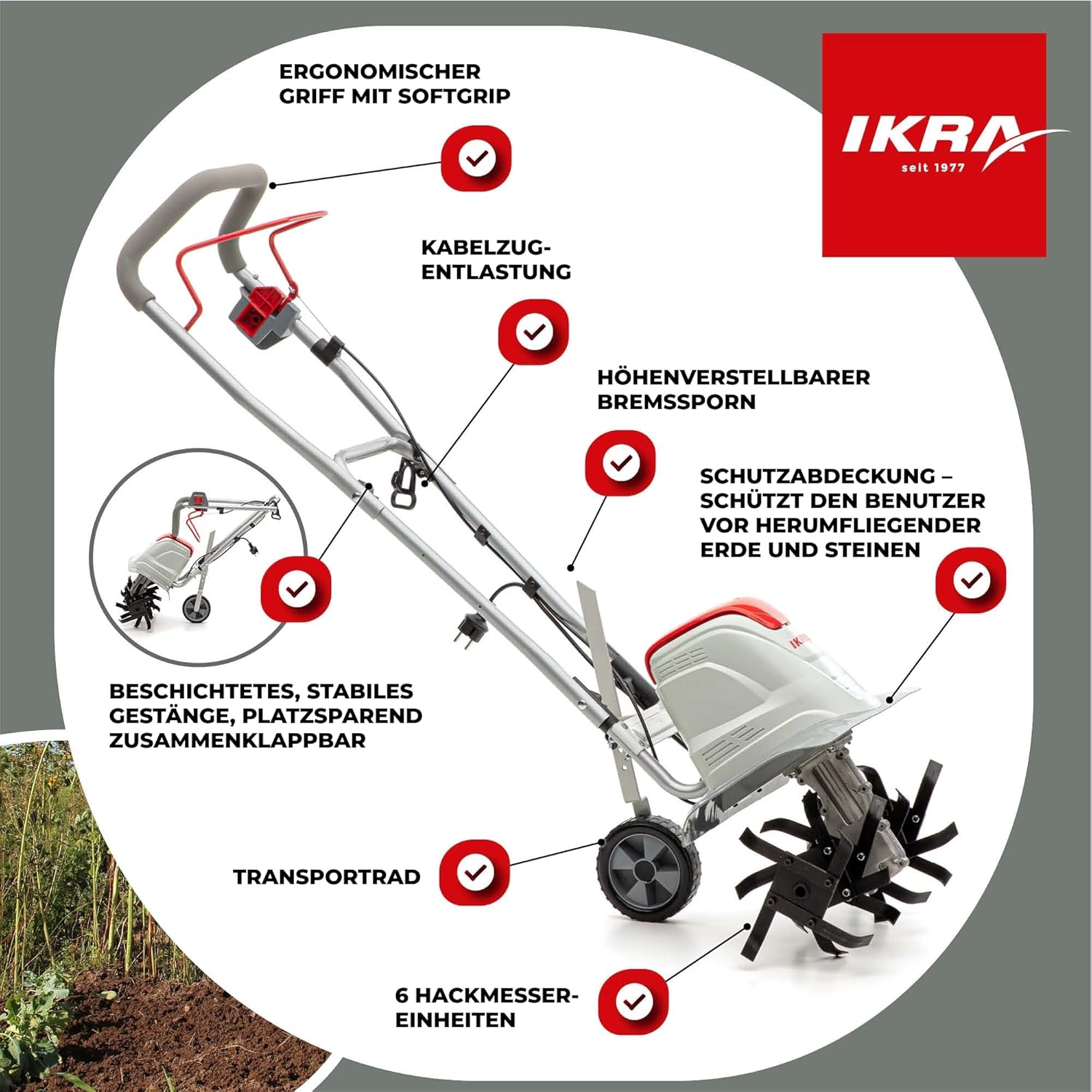 IKRA Elektro Bodenhacke Kultivator FEM 1500 Flexible Arbeitsbreite 17-45cm Arbeitstiefe bis 23cm Starke 1500W, inkl. Handgrubber