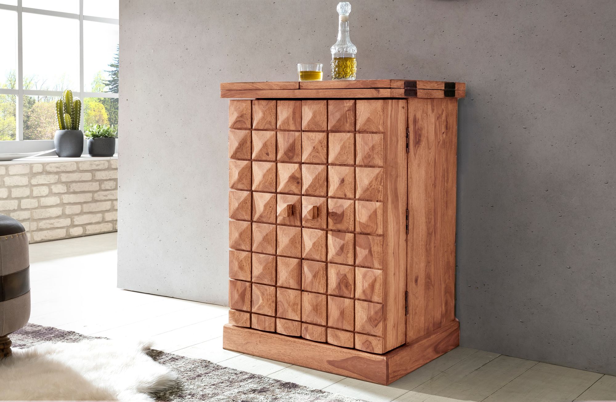 KADIMA DESIGN SAAR Massivholz Hausbar 65x91x50 cm, Ausklappbare Weinbar, Barschrank mit Türen