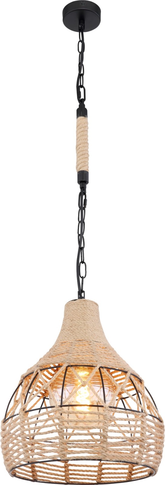 Pendelleuchte - schwarz matt - braun - Hanfseil - 135 cm
