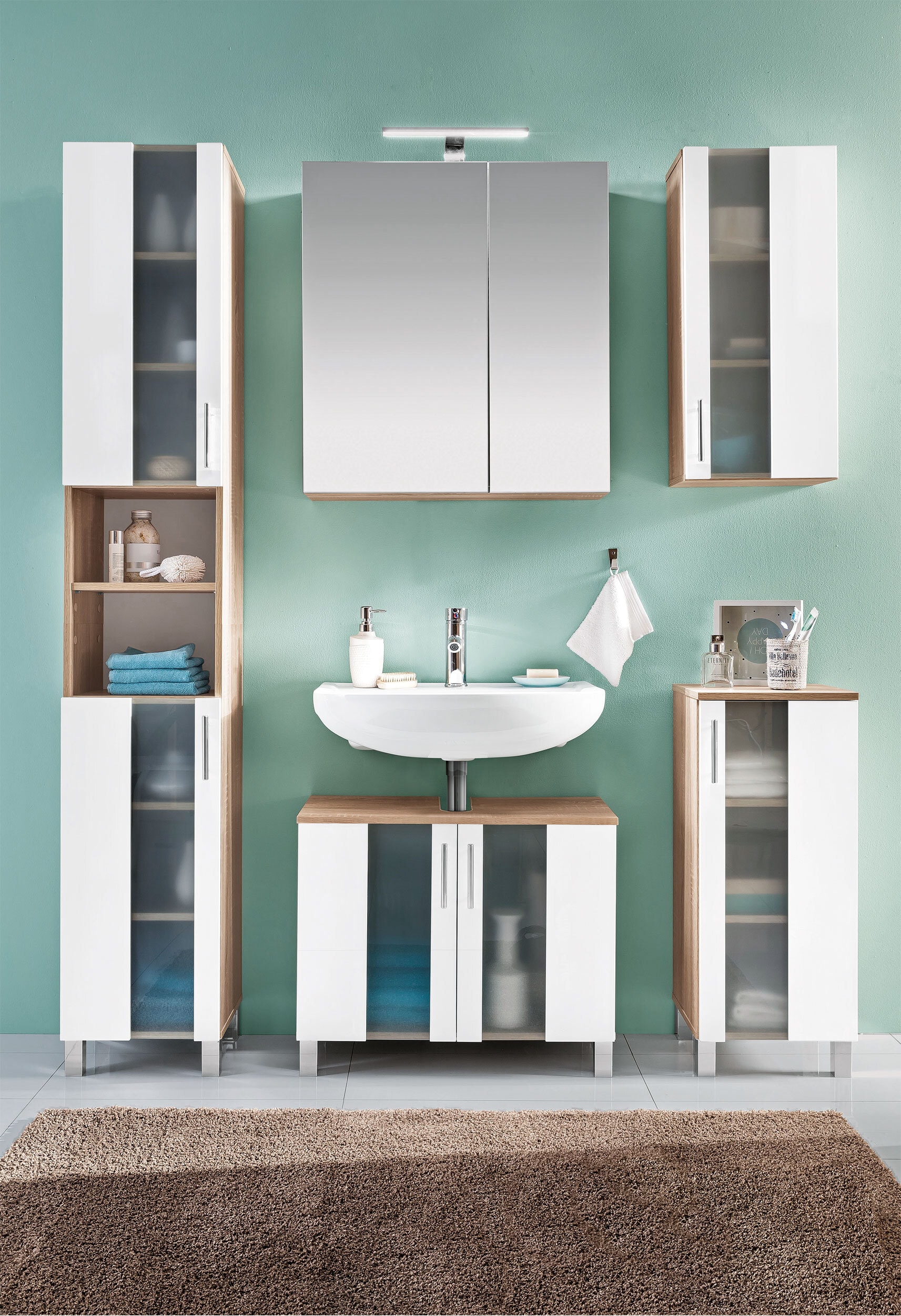 Hochschrank Porto Weiß/Eiche sägerau Nachbildung ca. 33 x 191 x 31 cm