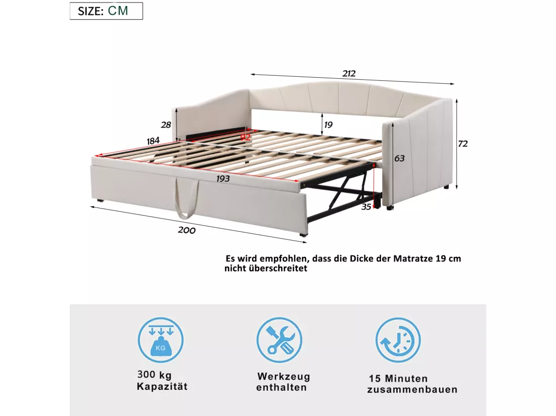 Lit gigogne 90/180x200cm, lit capitonné canapé-lit extensible avec sommiers à lattes, lit multifonctionnel en tissu velours style moderne - beige
