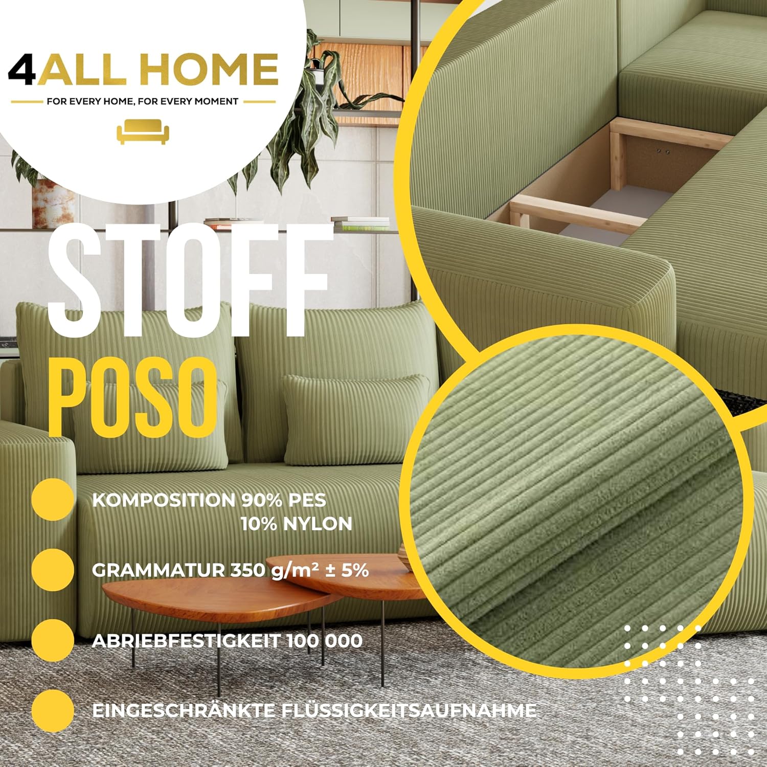 Ecksofa mit Schlaffunktion Travis 248x148 cm - Couch - Sofa mit Bettkasten - Eckcouch - L-Form - Schlaffsofa - Cord - Universal (Poso 47 Pistachio, L-Form)