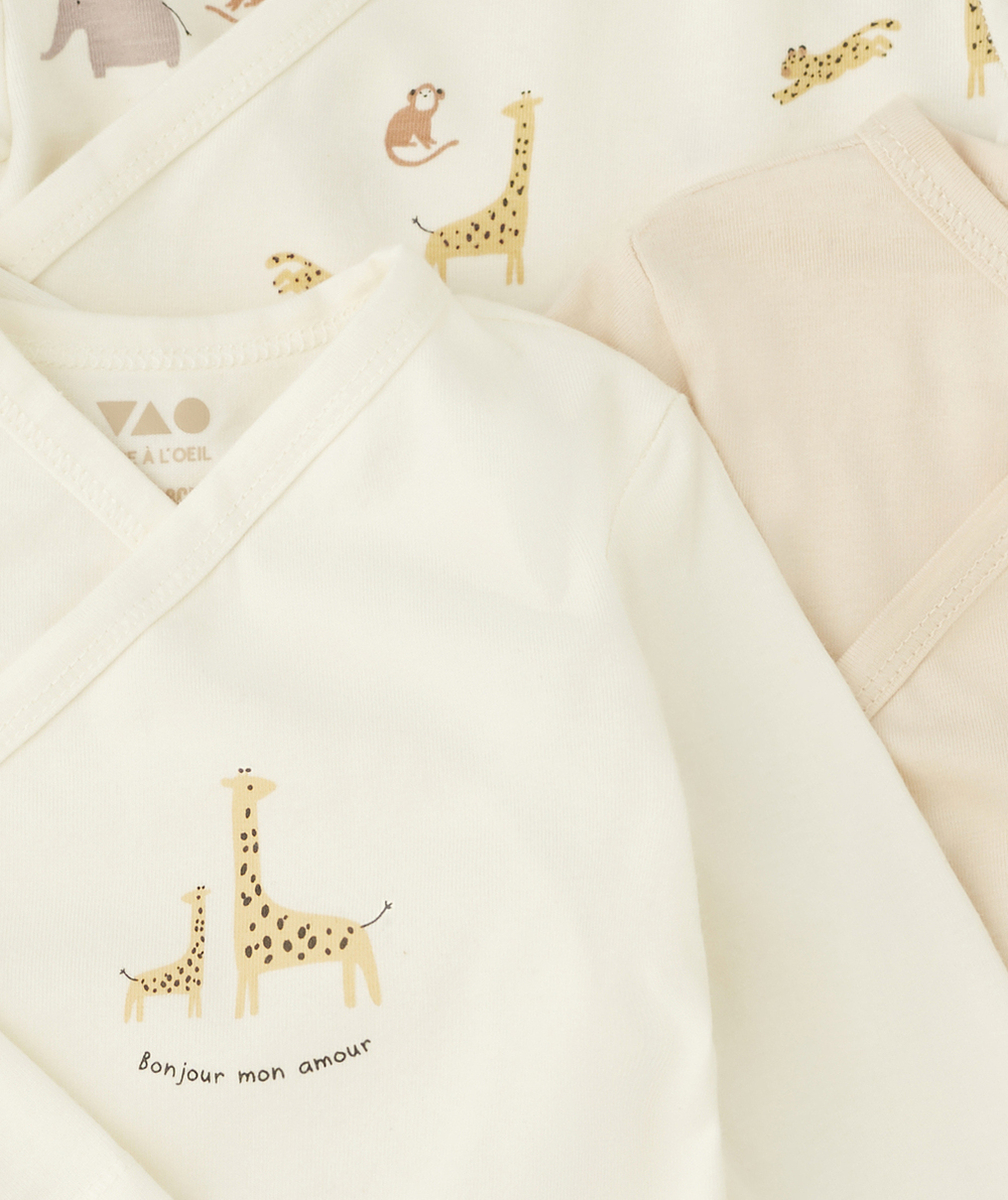 LOT DE 3 BODIES BÉBÉ ÉCRU ET BEIGE THÈME ANIMAUX DE LA SAVANE