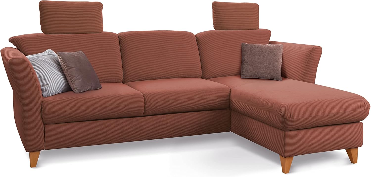 CAVADORE Ecksofa Trend / Skandinavische Eckcouch mit Federkern, Longchair und 2 Kopfstützen / 249 x 86 x 162 / Cord, Kupfer