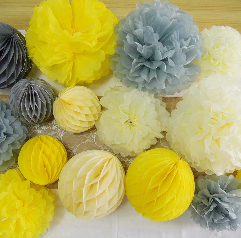 (12-tlg. Set) Papier Pompon's Deko Wabenkugeln Party / Geburtstag / Hochzeit - Gelb / Grau