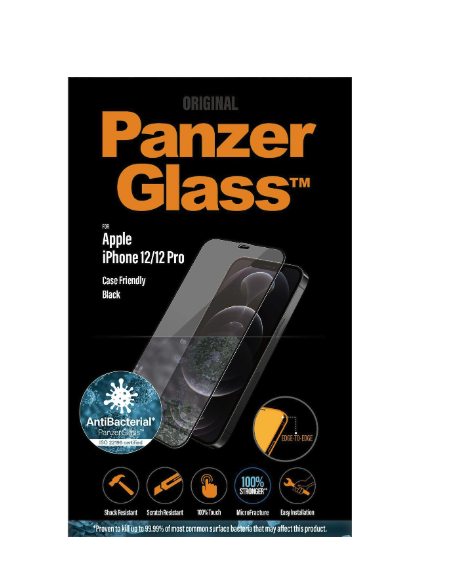 iPhone 12 / iPhone 12 Pro Antibakterielle Panzer Glas Displayschutz Case Friendly mit Rahmen (2711) - Schwarz