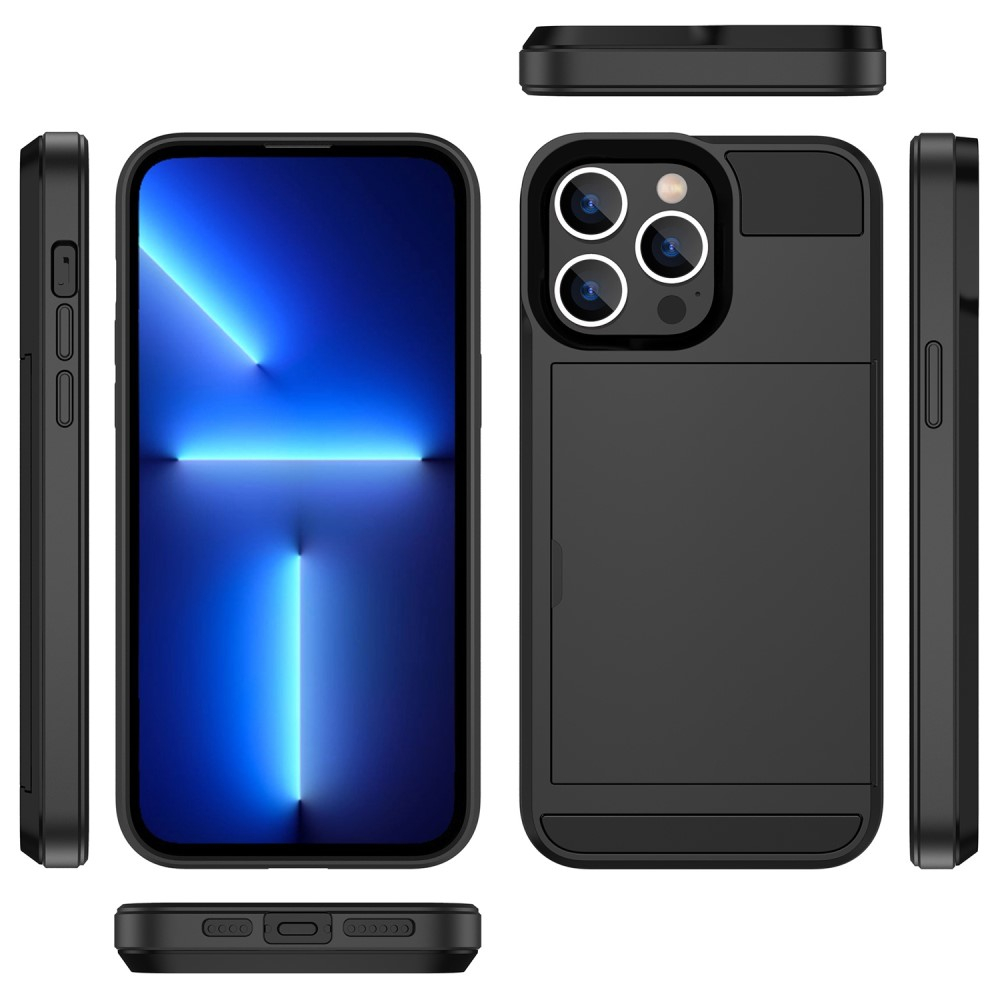 iPhone 14 Hybrid Hardcase Hülle mit integriertem Karten Portemonnaie (aufschiebbar) - Schwarz