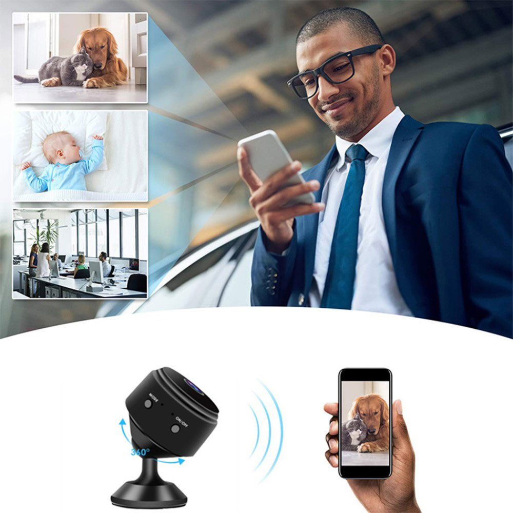Mini WiFi IP Kamera FullHD 1080p Infrarot LED's Nachtsichtfunktion mit Akku (240mAh) und Micro SD Kartenslot   Halterung iOS/Android - Schwarz