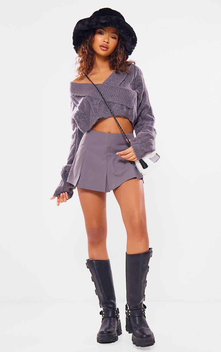 Gris Jupe-short Patineuse Plissée En Tissu Tissé Ajusté