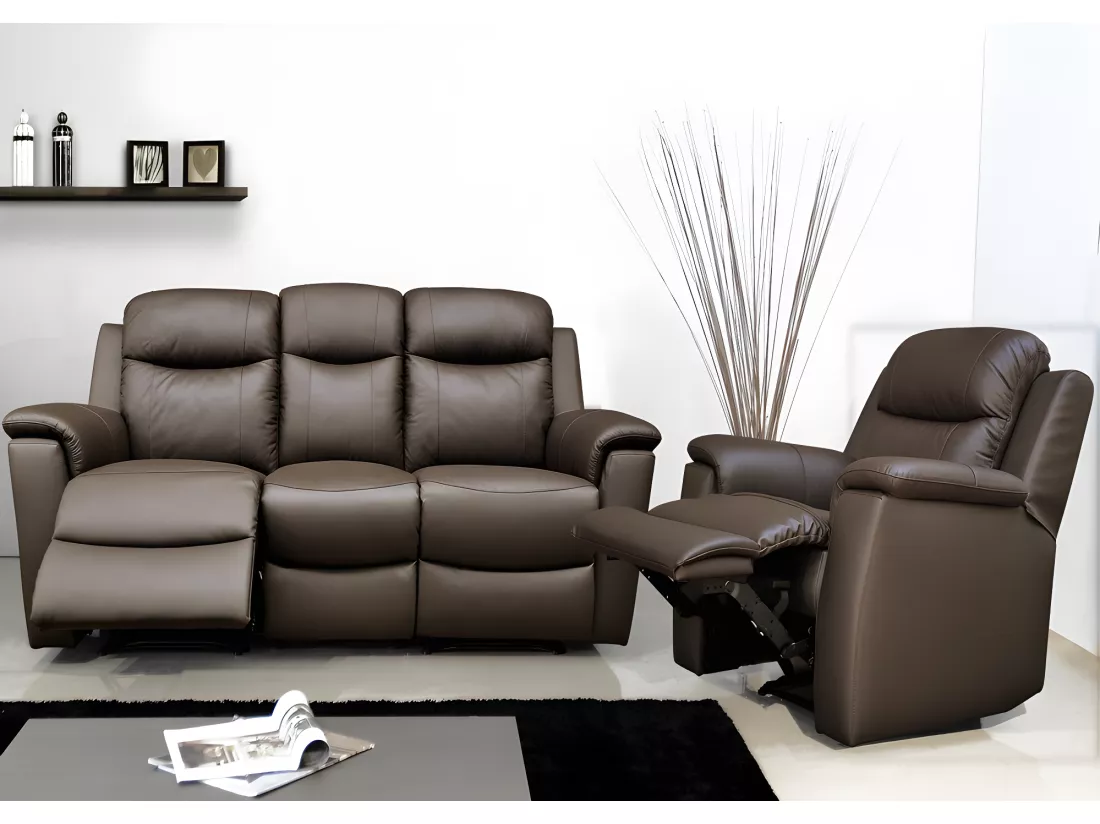 Canapé 3 places et un fauteuil relax EVASION en cuir - Marron