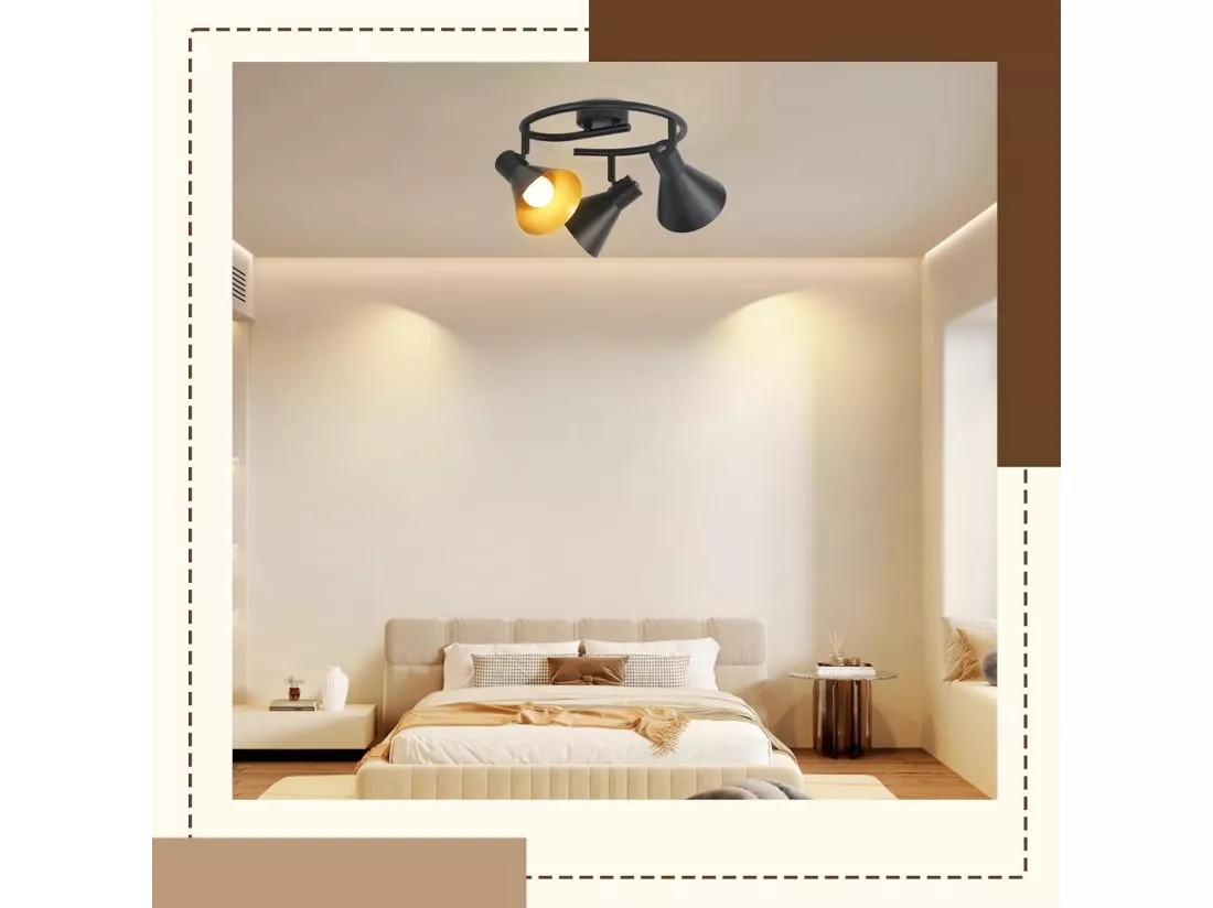 NETTLIFE 3 Spots Plafonnier Salon Noir Cuisine E14 Vintage Pivotante à 330°Industriel en Métal pour Chambre Couloir