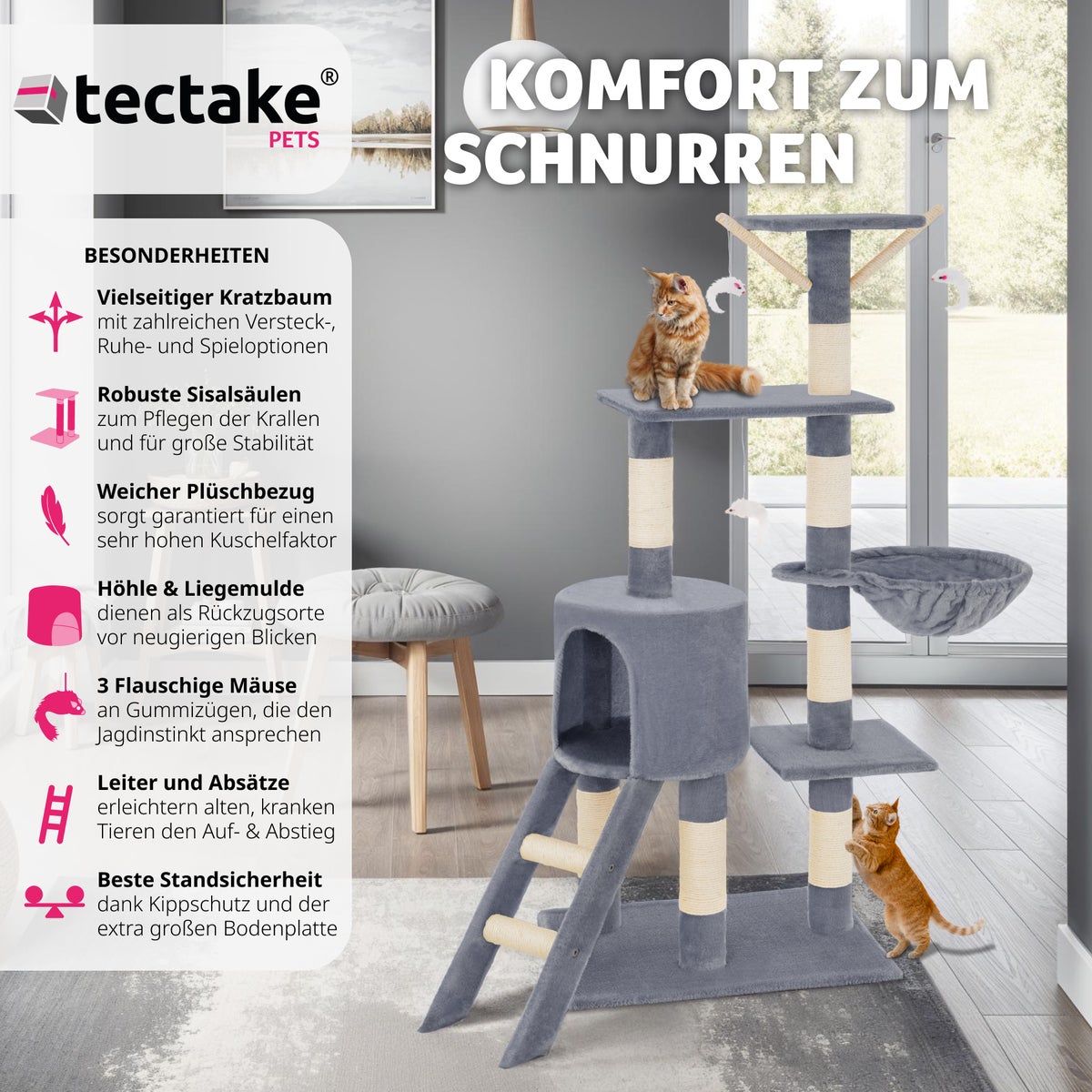 tectake Dominik krabpaal 144 cm inclusief trap, 3 speelgoedmuizen en kantelbeveiliging