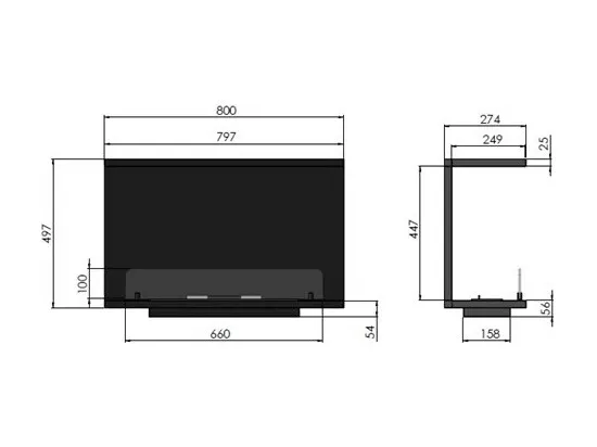 Cheminée au bioéthanol encastrable design C800 V2 avec vitre ouverte sur 3 côtés, brûleur 0,7 litre