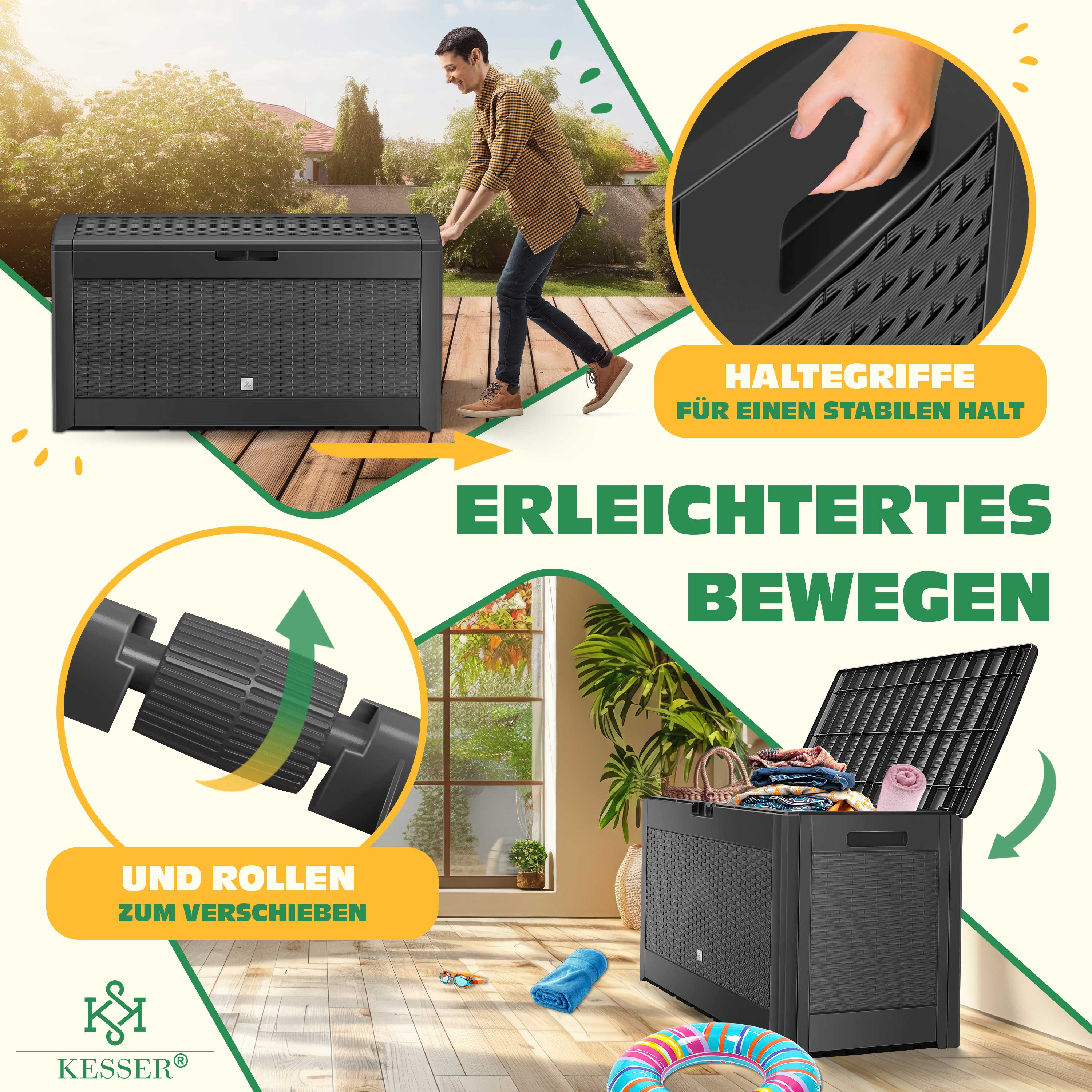 KESSER® Auflagenbox Kissenbox 310 Liter mit Rollen klappbarer Deckel Haltegriffe Rattanoptik Gartenbox wetterfeste Gartenkiste Aufbewahrungsbox