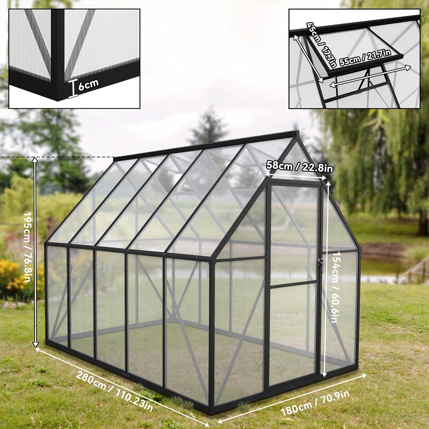 Gewächshaus Aluminium Gartengewächshäuser mit 6 cm Fundament und 4 mm PC Platte Treibhaus Tomatenhaus Gartenhaus UV beständig Wetterfest für den Garten, 280x180x195 cm