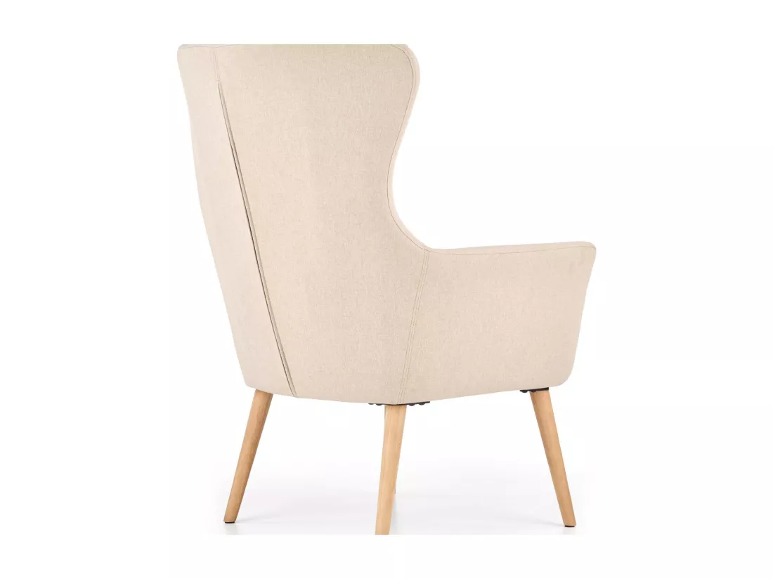 Fauteuil rembourré en tissu beige avec dossier haut et pieds en bois de caoutchouc WISH