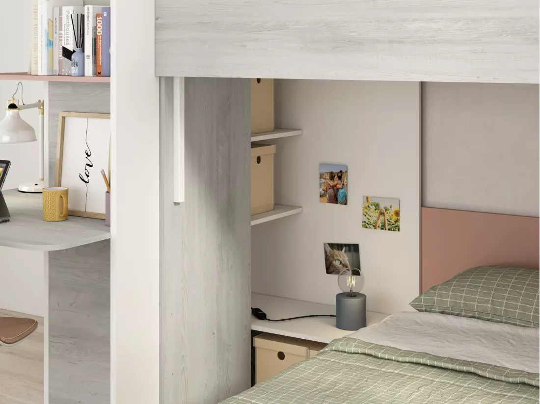Lits superposés d'angle 2 x 90 x 190 cm - Avec bureau - Gris, blanc et rose - SAMUEL