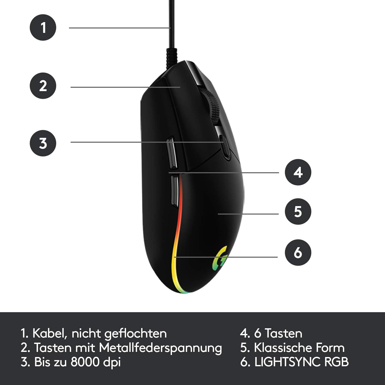 G203 LIGHTSYNC Kabelgebundene Gaming Maus mit RGB Beleuchtung (910-005796) - Schwarz
