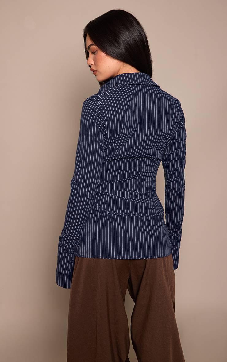 Bleu Marine Chemise Cintrée Tissée À Fines Rayures