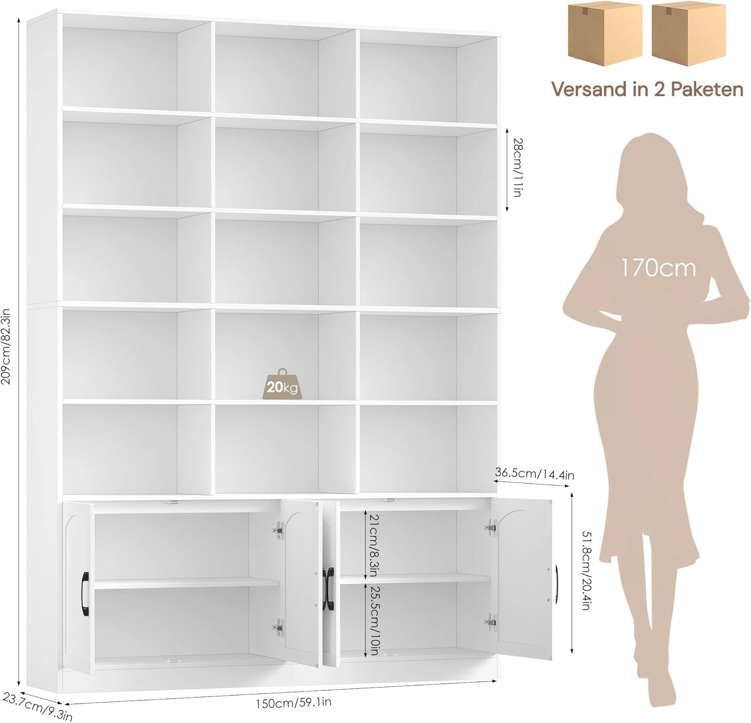 FirFurd 209 cm Bücherregal mit Türen Bücherschrank mit 15 Fächern Vitrinenschrank Hochschrank Holz Mehrzweckschrank groß für Wohnzimmer Arbeitszimmer Küche 150 x 23,7 x 209 cm Weiß