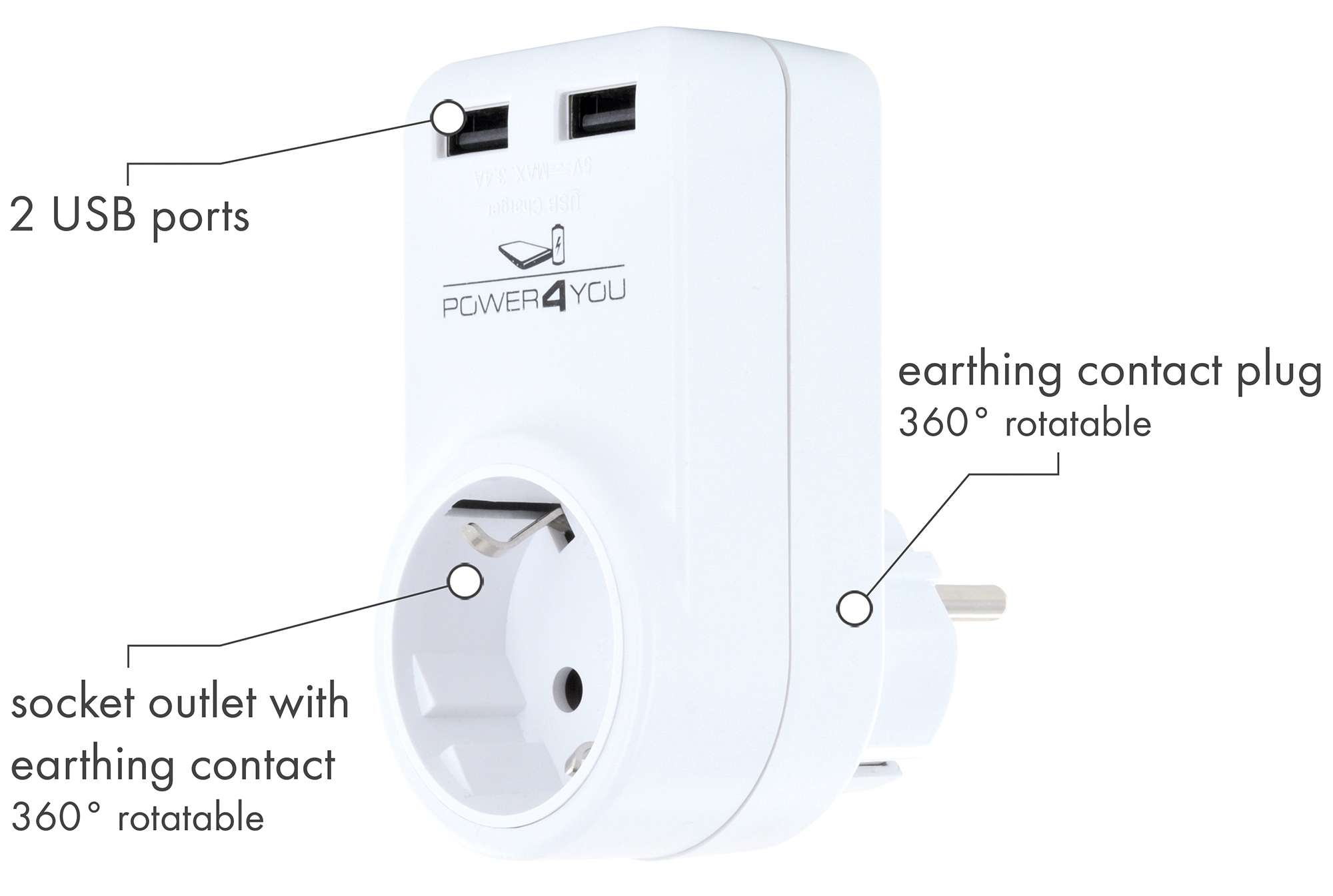 Schwaiger 230 volt draaibare USB laadadapter