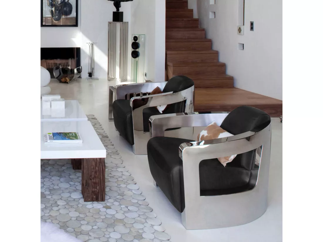Now's Home - Fauteuil En Cuir Noir Et Structure En Acier Inoxydable