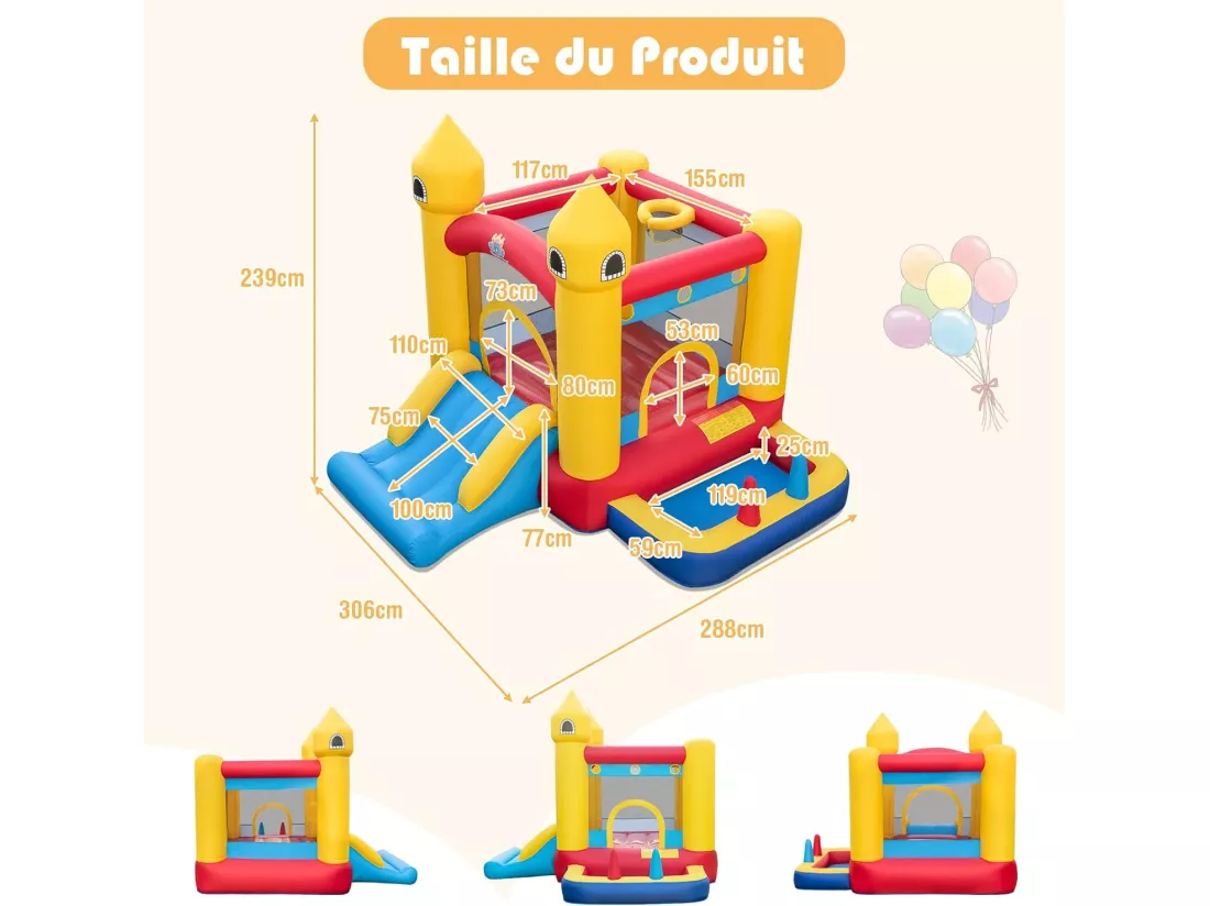 Château Gonflable 6 en 1 Enfants avec Souffleur 480W, Maison de Saut Gonflable en Tissu et velours Oxford avec Piscine à Balles, Panier de Basket, Toboggan, 50 Balles pour Jardin Pelouse Fête, 3-10 Ans