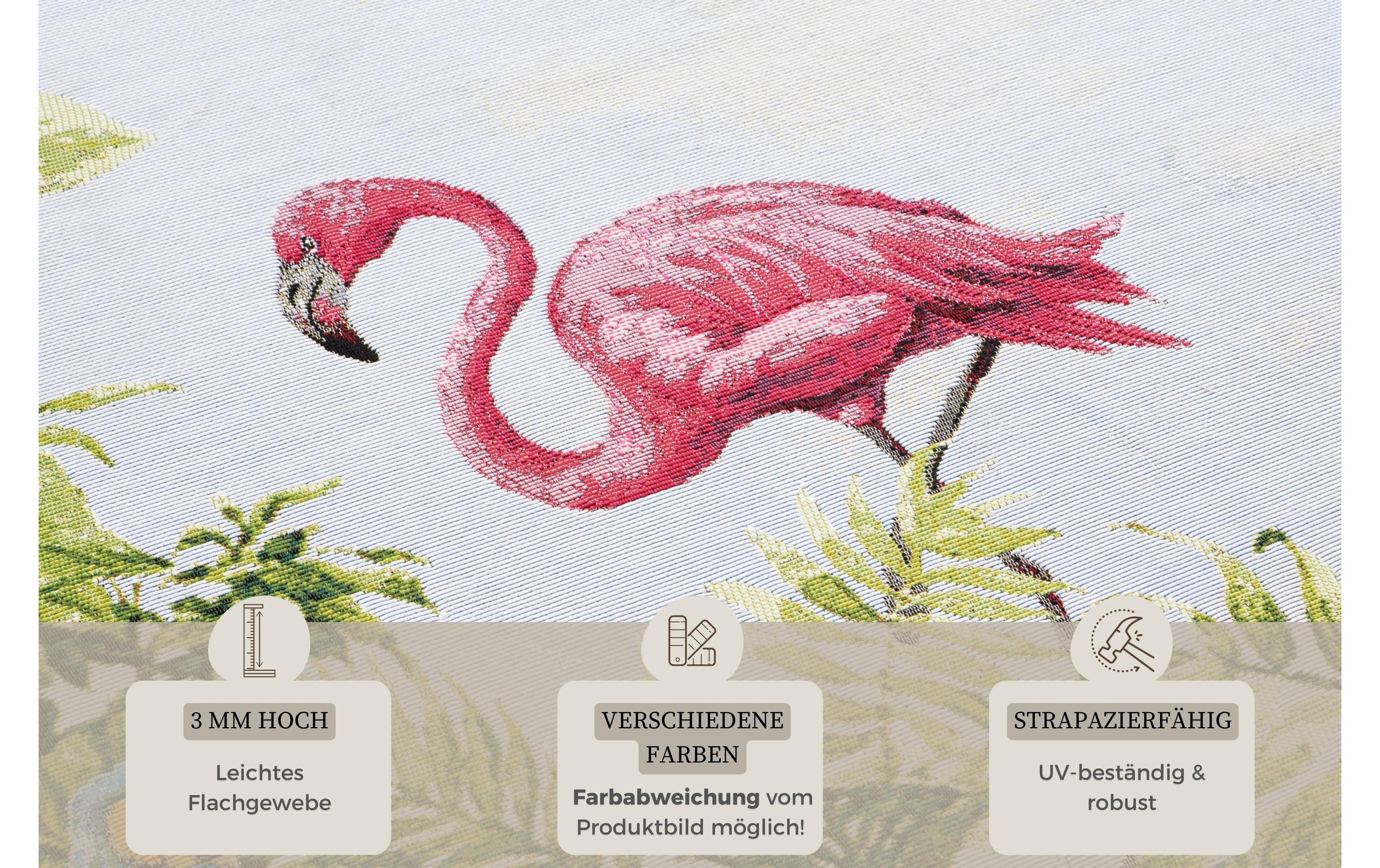 Teppich Tropical Birds 120 cm x 180 cm, MehrfarbigIn- & Outdoor Teppich, Flachegwebeteppich im Tropischen Design, Wetterfest & Wasserfester Aussenteppich mit Famingo Motiv für Terrasse, Balkon, Garten Wohnzimmer