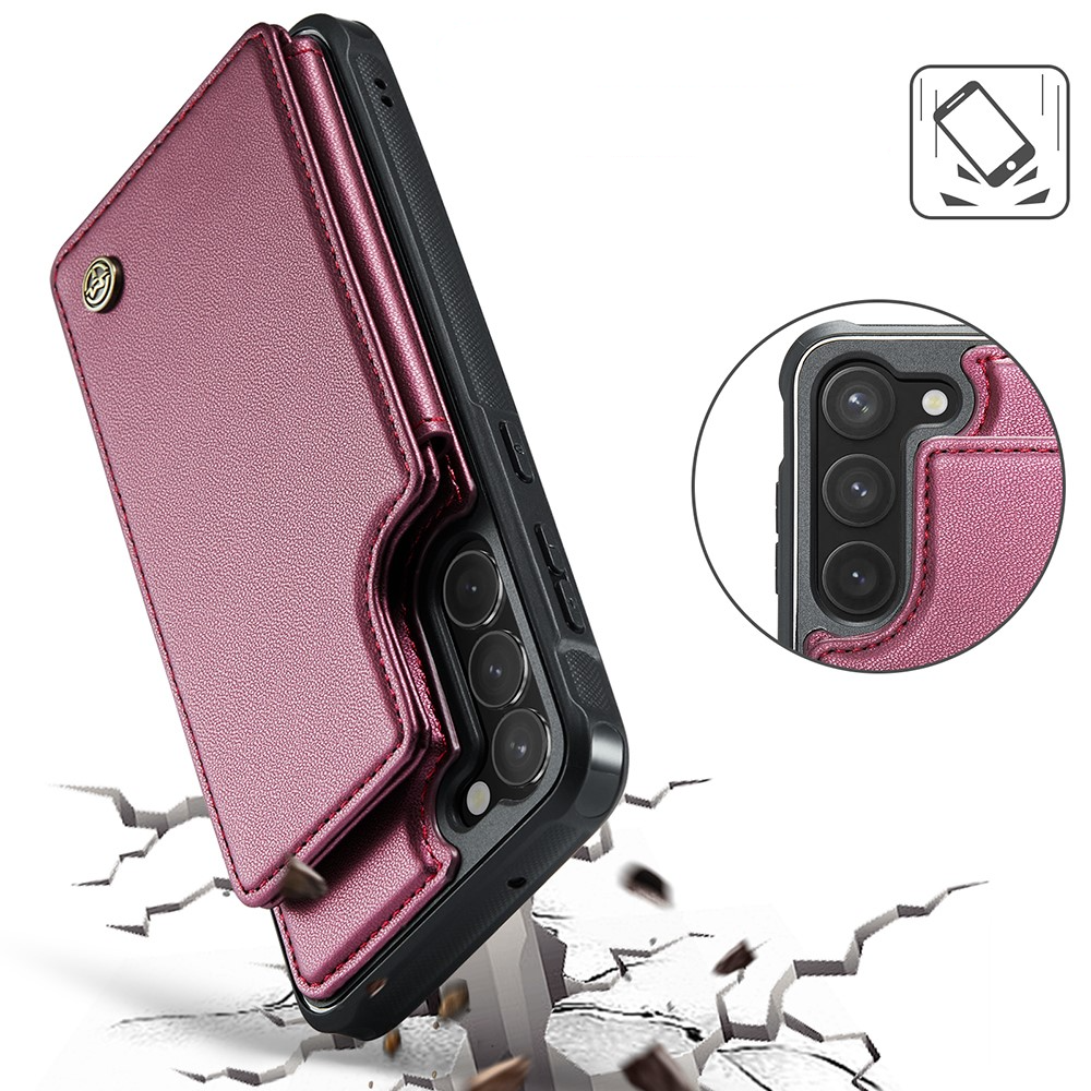 Samsung Galaxy S23 5G Leder Hülle mit Kartenfächern im Litchi Look   Kickstand (RFID Schutz) - Rot